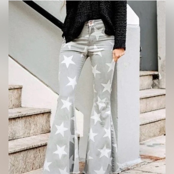 TOAST JEANS Denim - Toast Jeans Gray Star Printed Bell Bottoms.